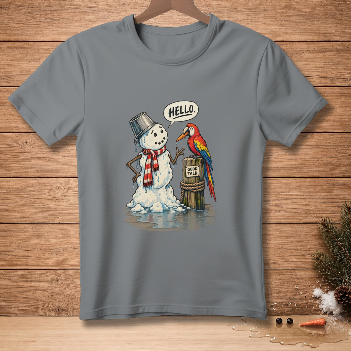 Snowman with a bucket hat and scarf talks to a parrot with text "Hello" and "Good Talk".