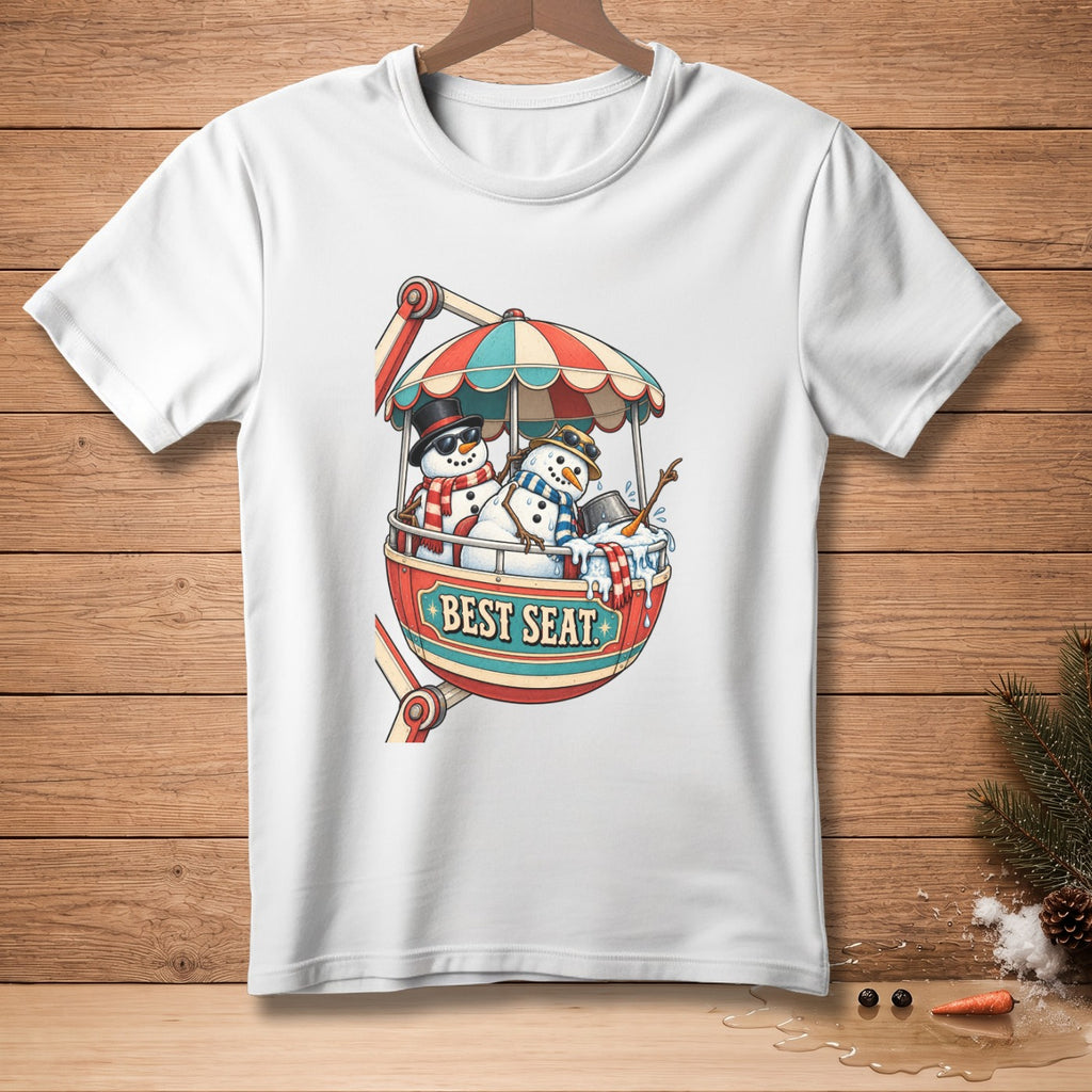 Two snowmen in a Ferris wheel gondola labeled "BEST SEAT".