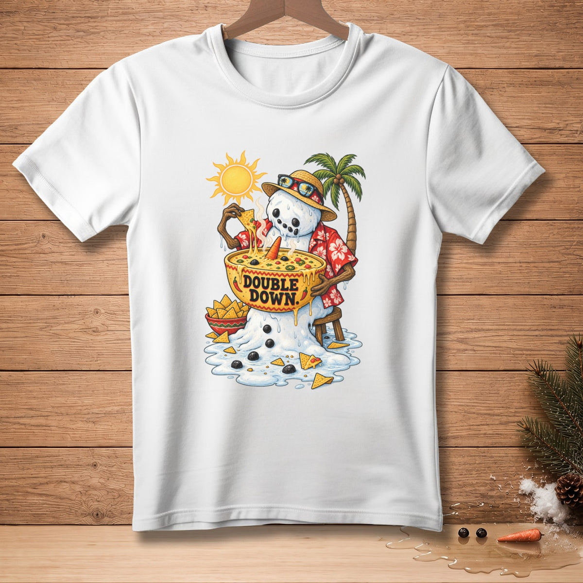 Melting snowman in Hawaiian shirt eats nachos from bowl that says Double Down.