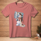 T-shirt with melting snowman, scarf, hat, and open refrigerator graphic.
