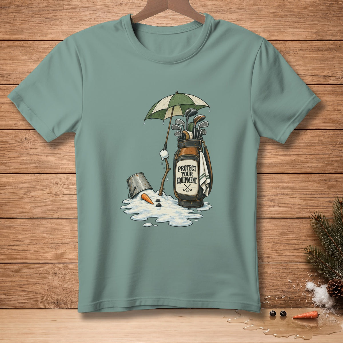 Golf bag and melting snowman under umbrella, with text "Protect Your Equipment".