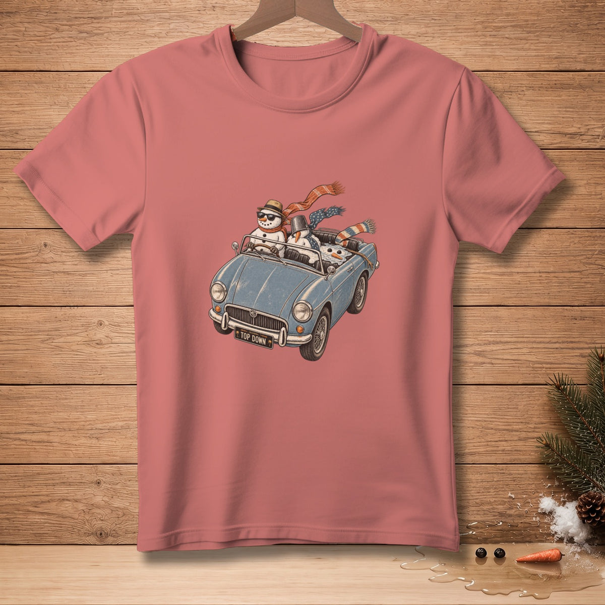 Snowmen in a convertible with "TOP DOWN" license plate.