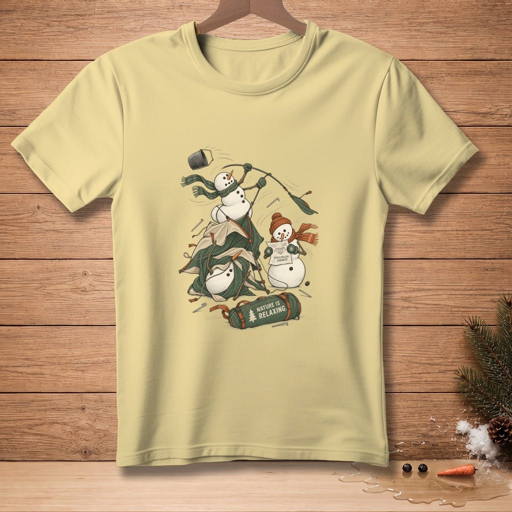 Light yellow t-shirt featuring cartoon snowmen camping with a rolled sleeping bag.