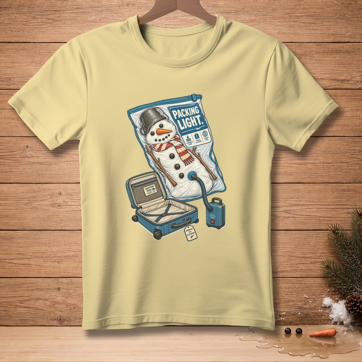 Snowman vacuum-sealed in luggage with text "PACKING LIGHT."