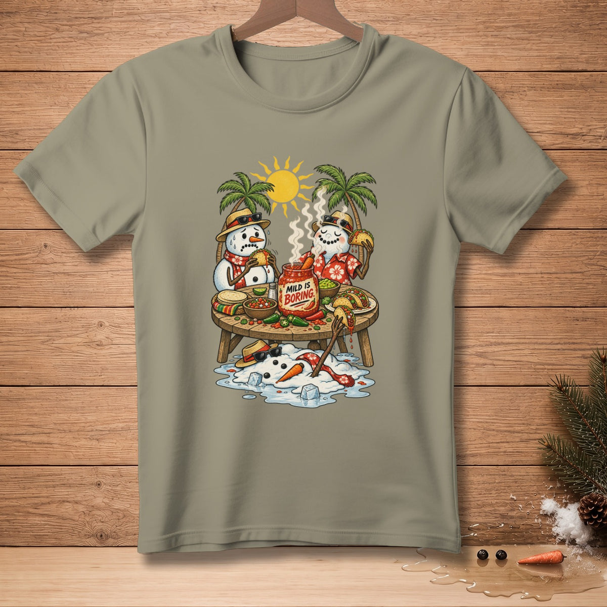 Two melting snowmen eat tacos and salsa under palm trees with a jar labeled "Mild is Boring."