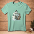 Snowman melting on a porcupine covered in ice cubes and puddles.