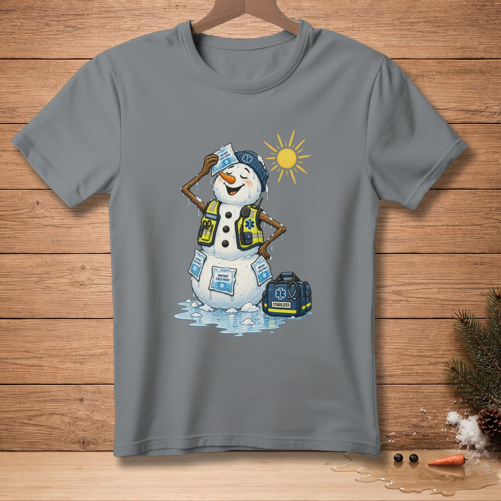 Snowman melting in sun wears paramedic vest, uses cold packs, has medical bag.