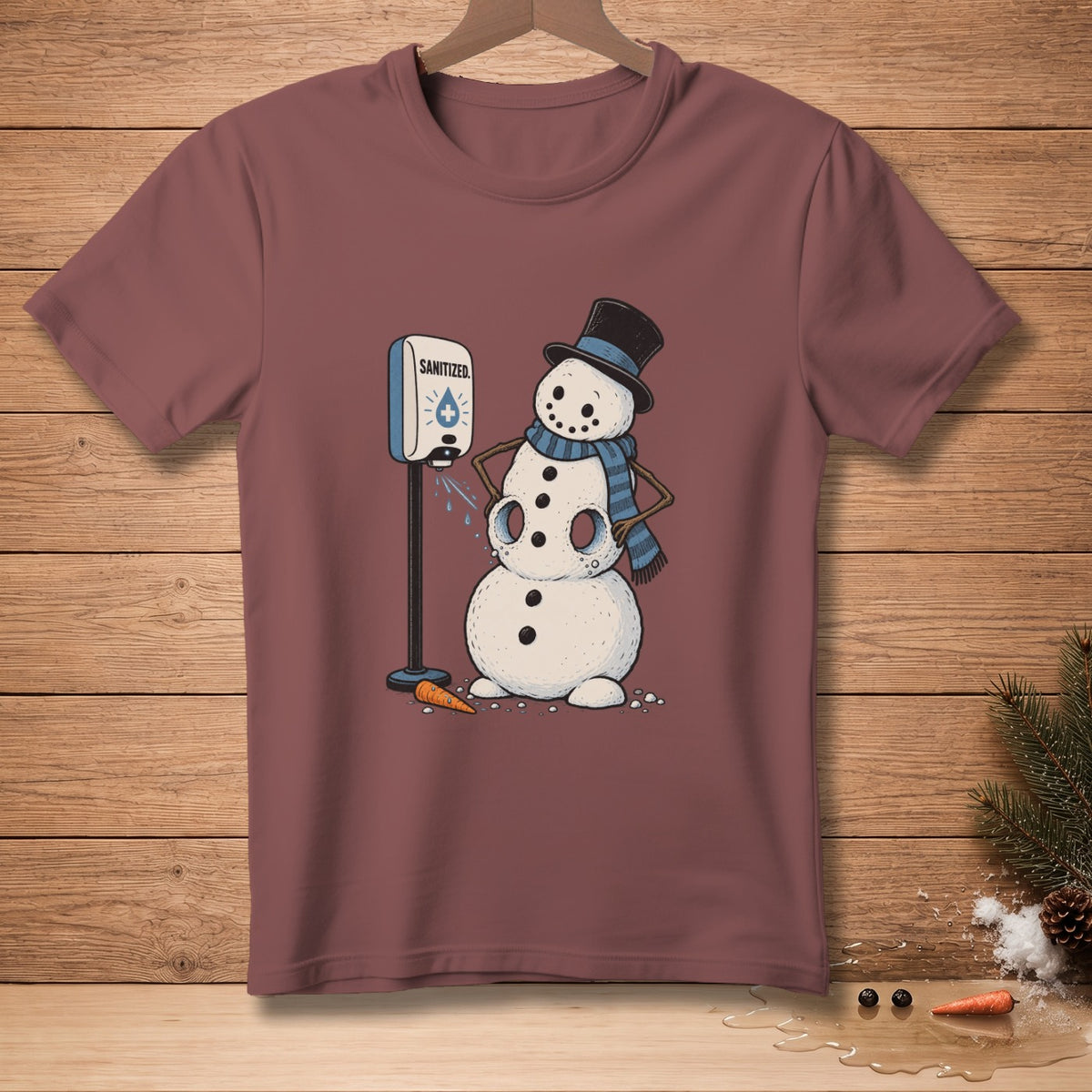 Snowman wearing a hat and scarf using a hand sanitizer dispenser.