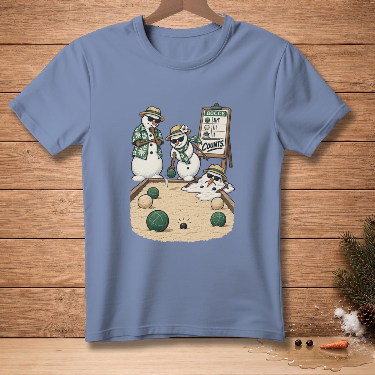 Snowmen playing bocce ball, with scoreboard showing "Bocce Counts".