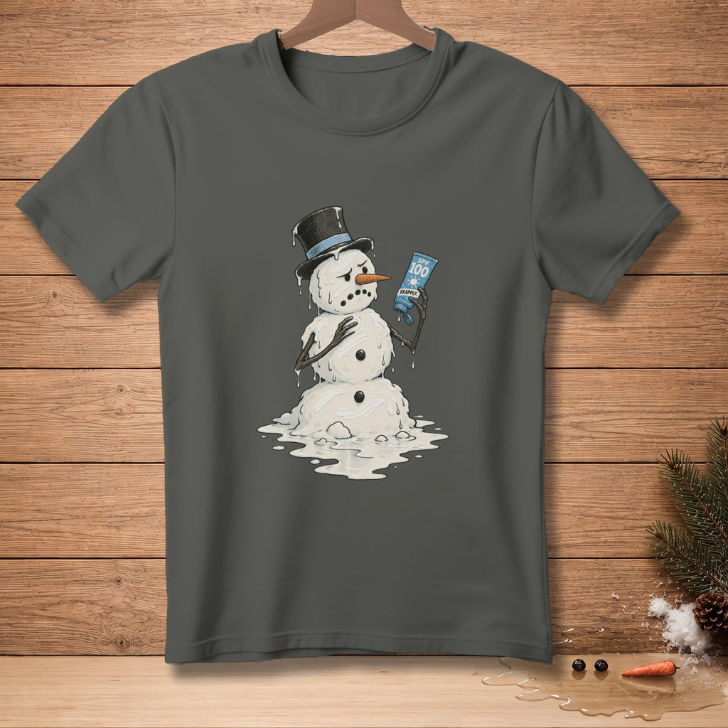 Melting snowman in a top hat holding SPF 100 sunscreen and a carrot.