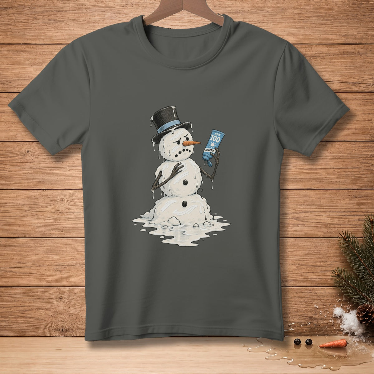 Melting snowman in a top hat holding SPF 100 sunscreen and a carrot.