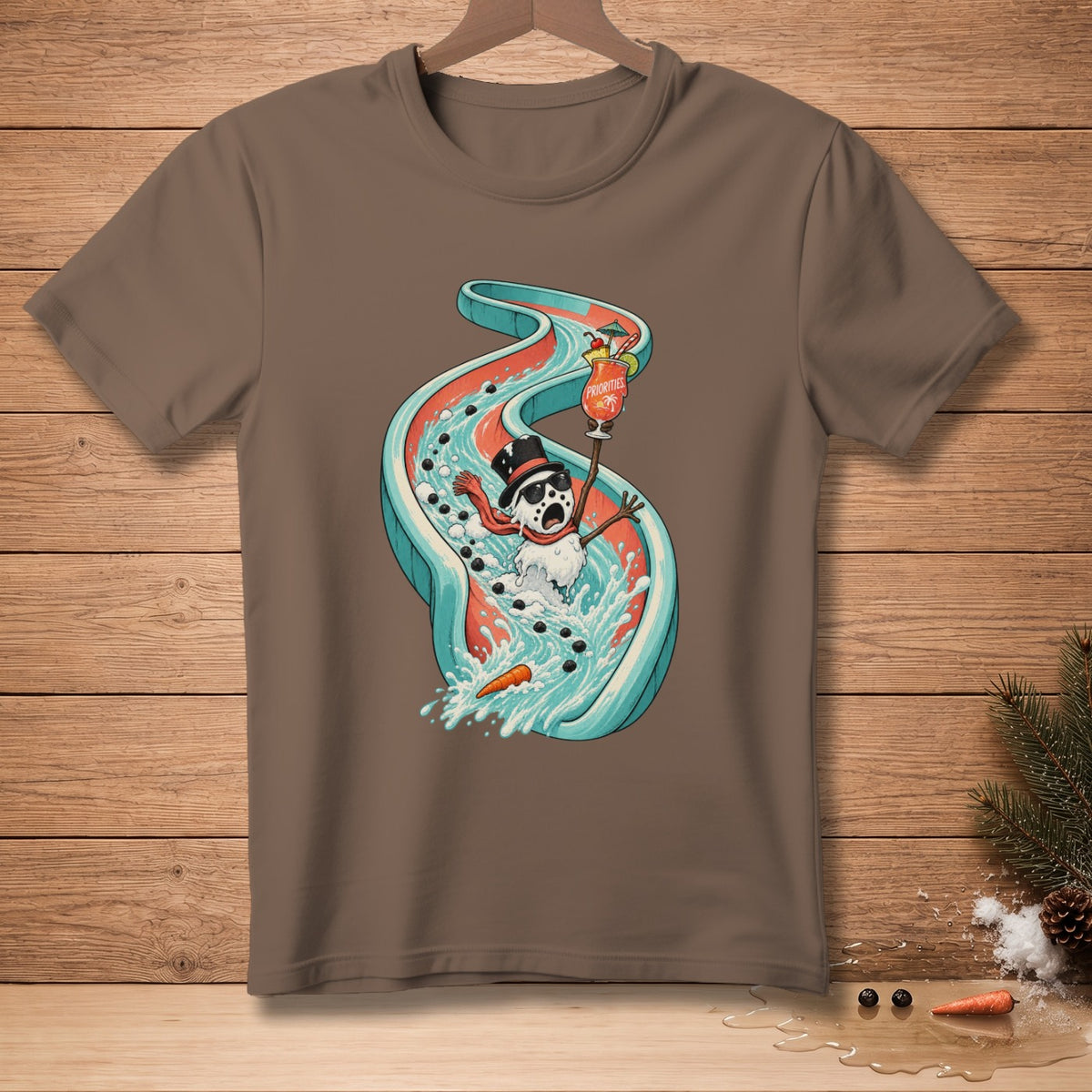 Snowman on waterslide holding a cocktail with "Priorities" text.