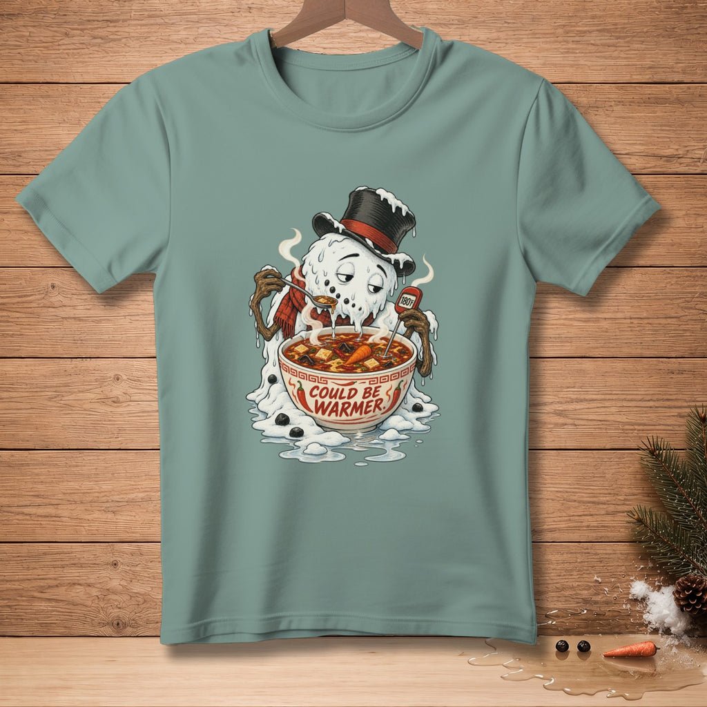 Melting snowman in hat eats soup, text says "Could Be Warmer"