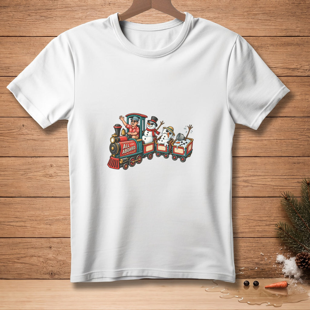 White t-shirt with cartoon of train and snowmen, text reads "ALL ABOARD."
