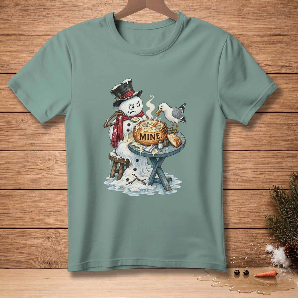 Snowman with top hat eating soup while bird tries to steal it, text "MINE".