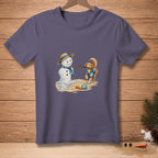 Melting snowman and dog playing on a sandy beach with a stick.