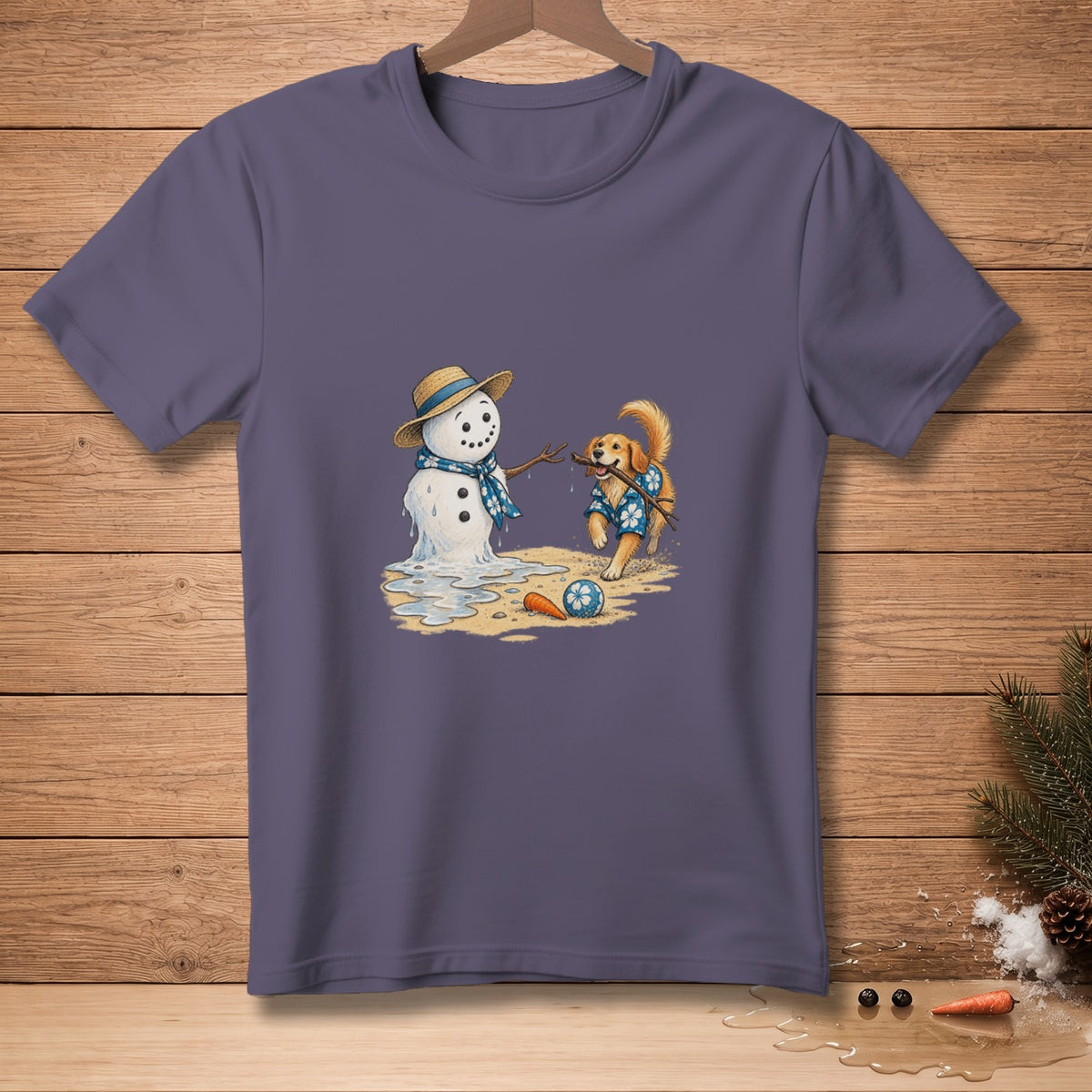Melting snowman and dog playing on a sandy beach with a stick.