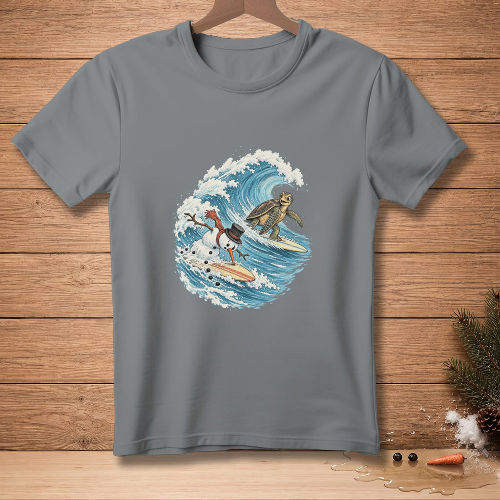 Snowman and turtle surfing on a wave graphic on a grey t-shirt.