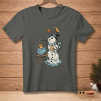 Melting snowman with toast, carrot, and toaster that says "READY."