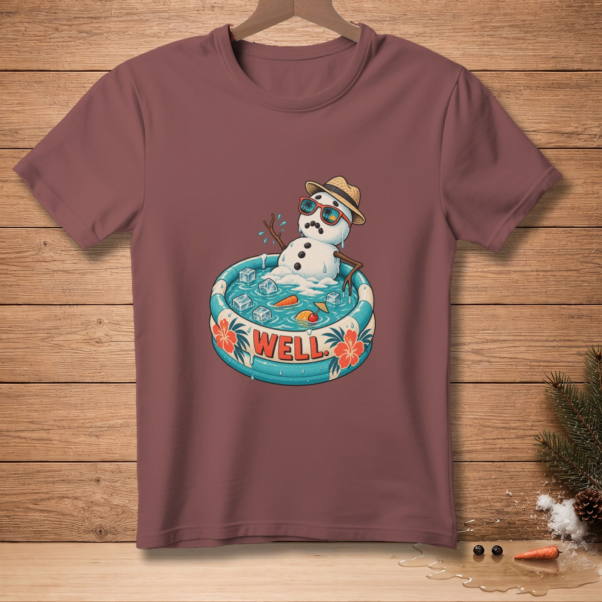 T-shirt graphic of a snowman in a pool with ice cubes, carrots, and the word "WELL."