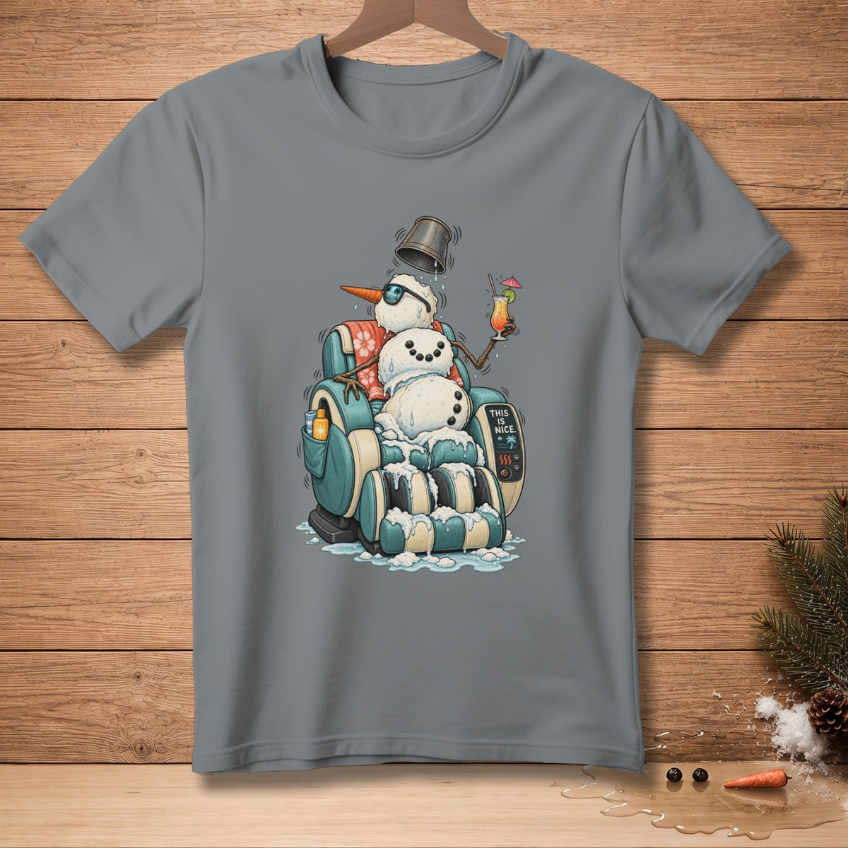 Snowman in massage chair with drink and sunglasses, text "This is nice."