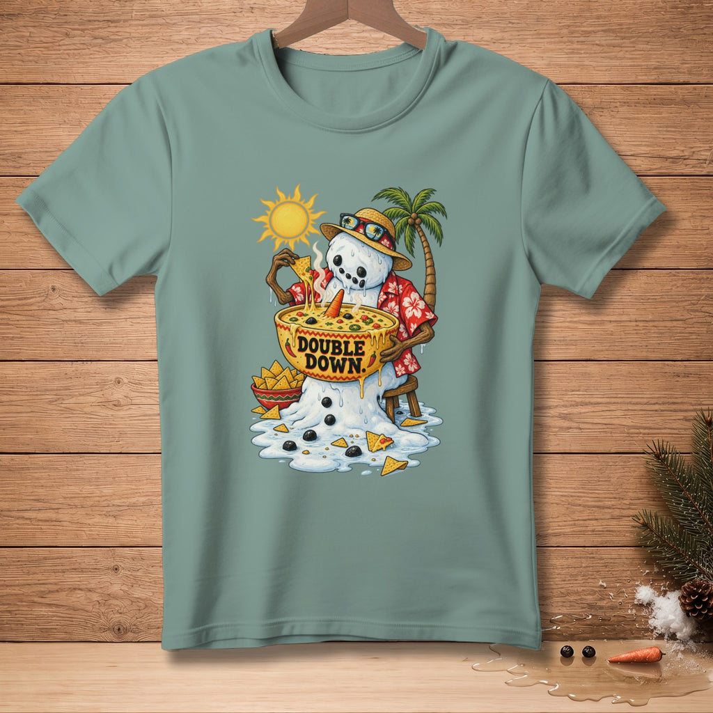 Melting snowman wearing Hawaiian shirt eating nachos from a bowl that says "Double Down."