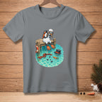 Snowman with scuba gear sits on a dock, with scarf, hat, and carrots in water.