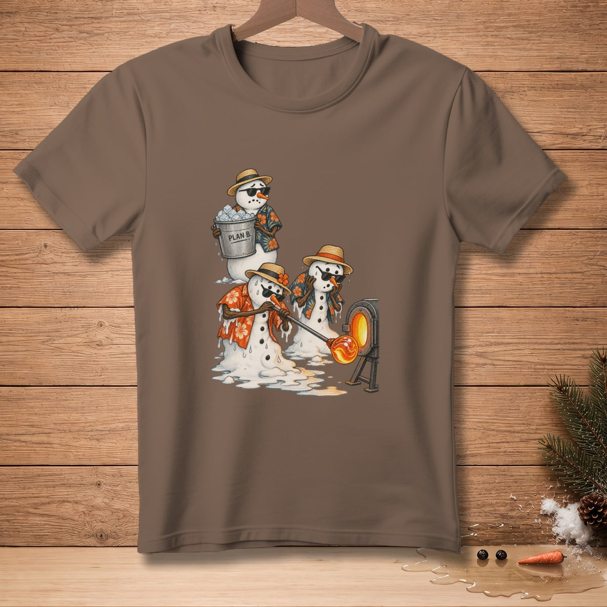 Melting snowmen with sunglasses and Hawaiian shirts attempt glassblowing, one holds a bucket labeled "PLAN B".