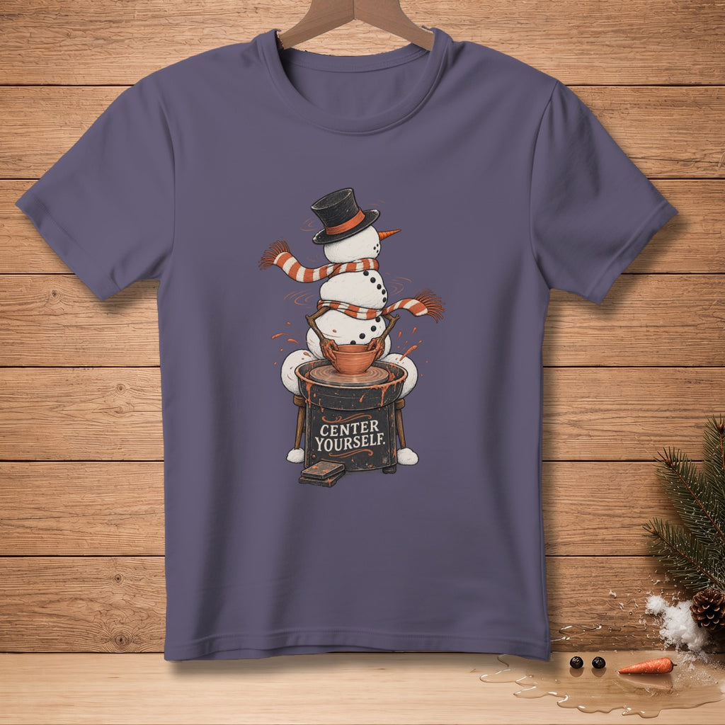 T-shirt with snowman at potter's wheel with text "CENTER YOURSELF."