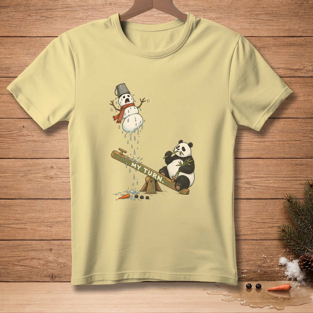 Panda on seesaw, melting snowman, text "MY TURN."