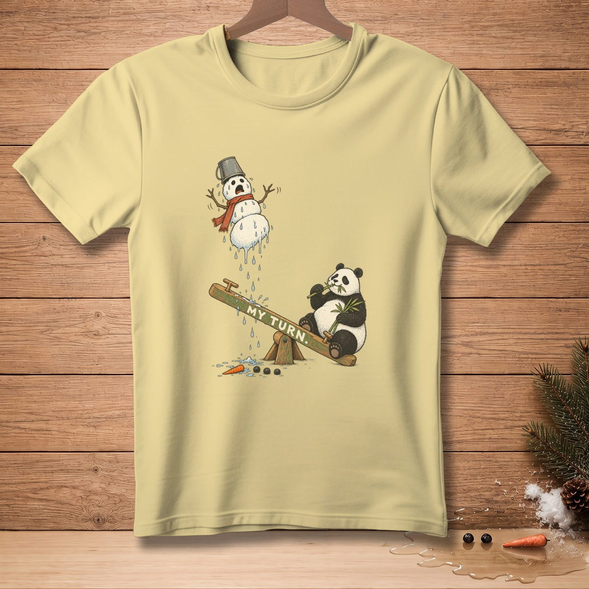 Panda on seesaw, melting snowman, text "MY TURN."