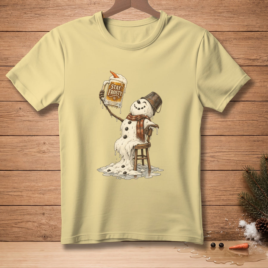 Melting snowman in a chair holding a frosty mug with "Stay Frosty" text.