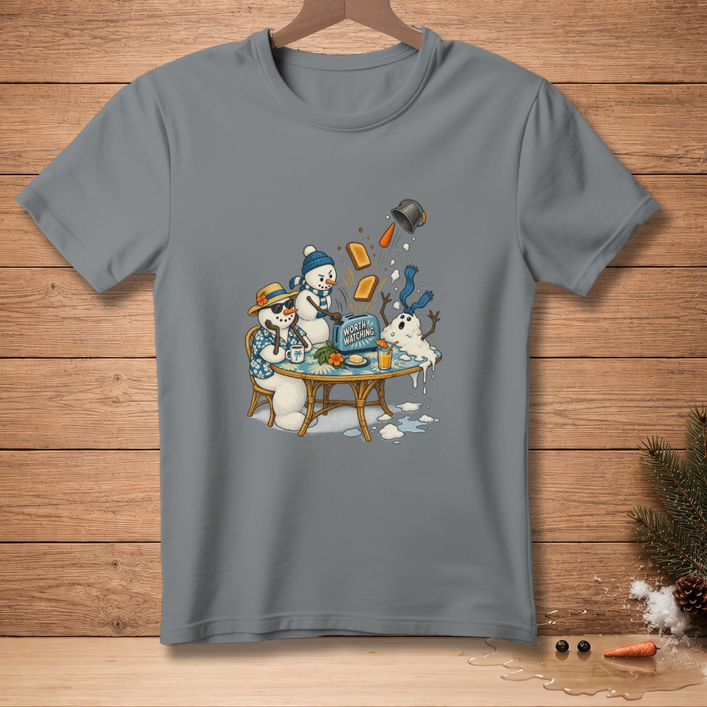 Snowmen having breakfast with toast popping from a toaster and a bucket falling.