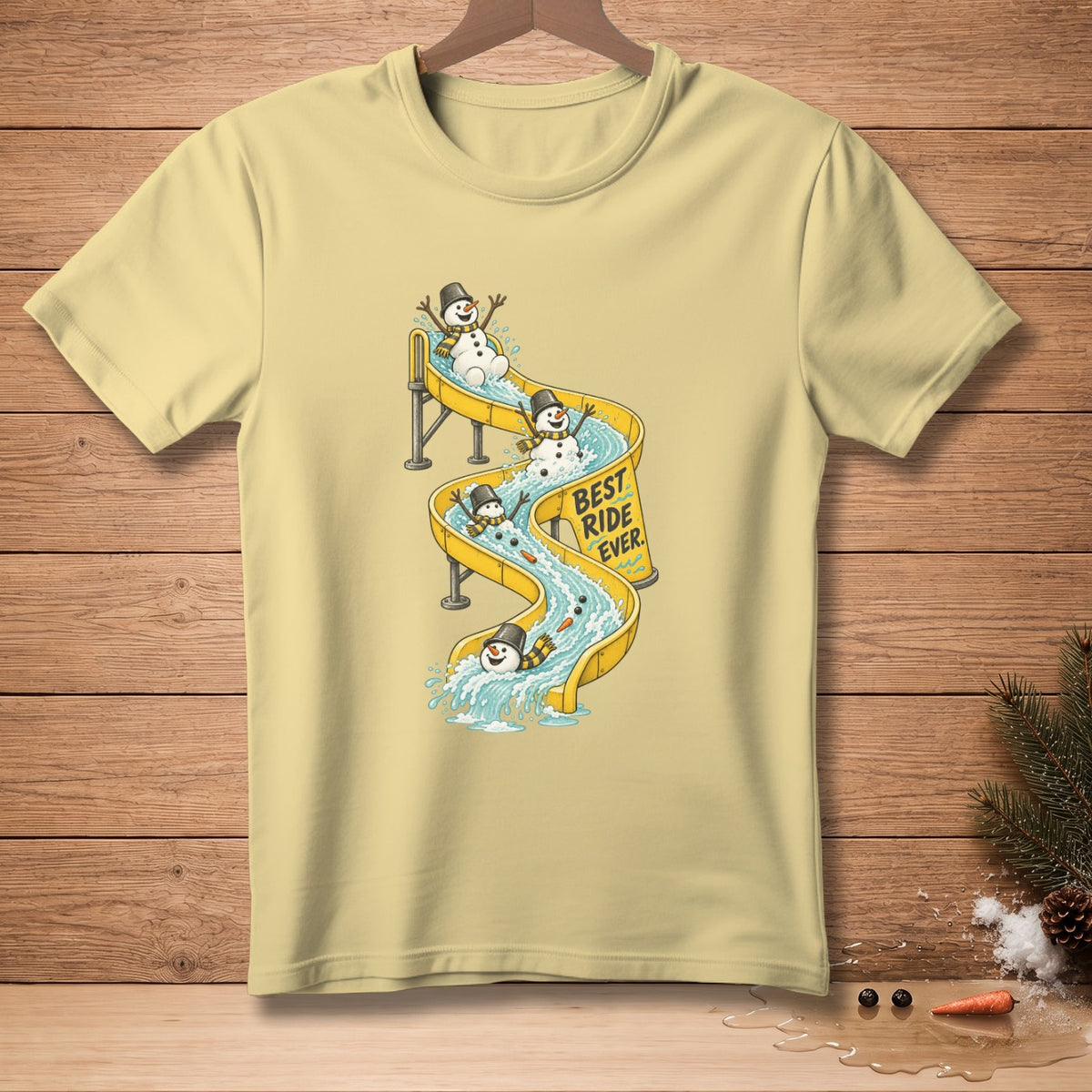 Snowmen on a waterslide with text "Best Ride Ever".