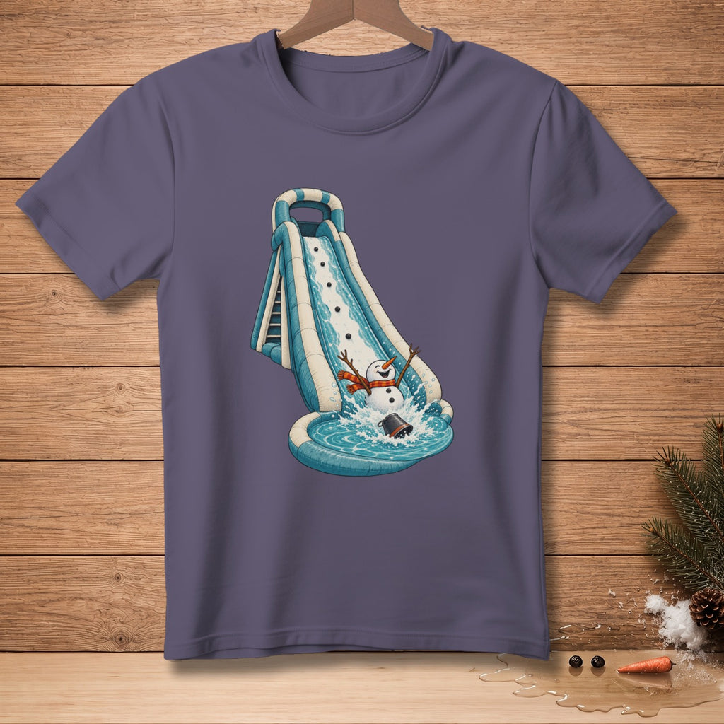 Snowman sliding down a water slide into a pool with a bucket.