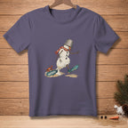 Melting snowman wearing a bucket on head and scarf, with crab and "NATURAL" text.