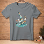 Snowman windsurfing with a pelican, on a grey t-shirt.