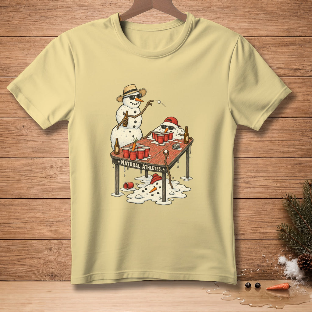 Snowmen playing beer pong on a table, with melting snowmen.