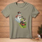 Melting snowman mowing grass with "CURB APPEAL" bag and a carrot.
