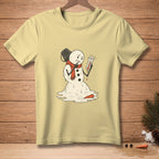 Melting snowman with thermometer showing "Confirmed" on a light yellow t-shirt.