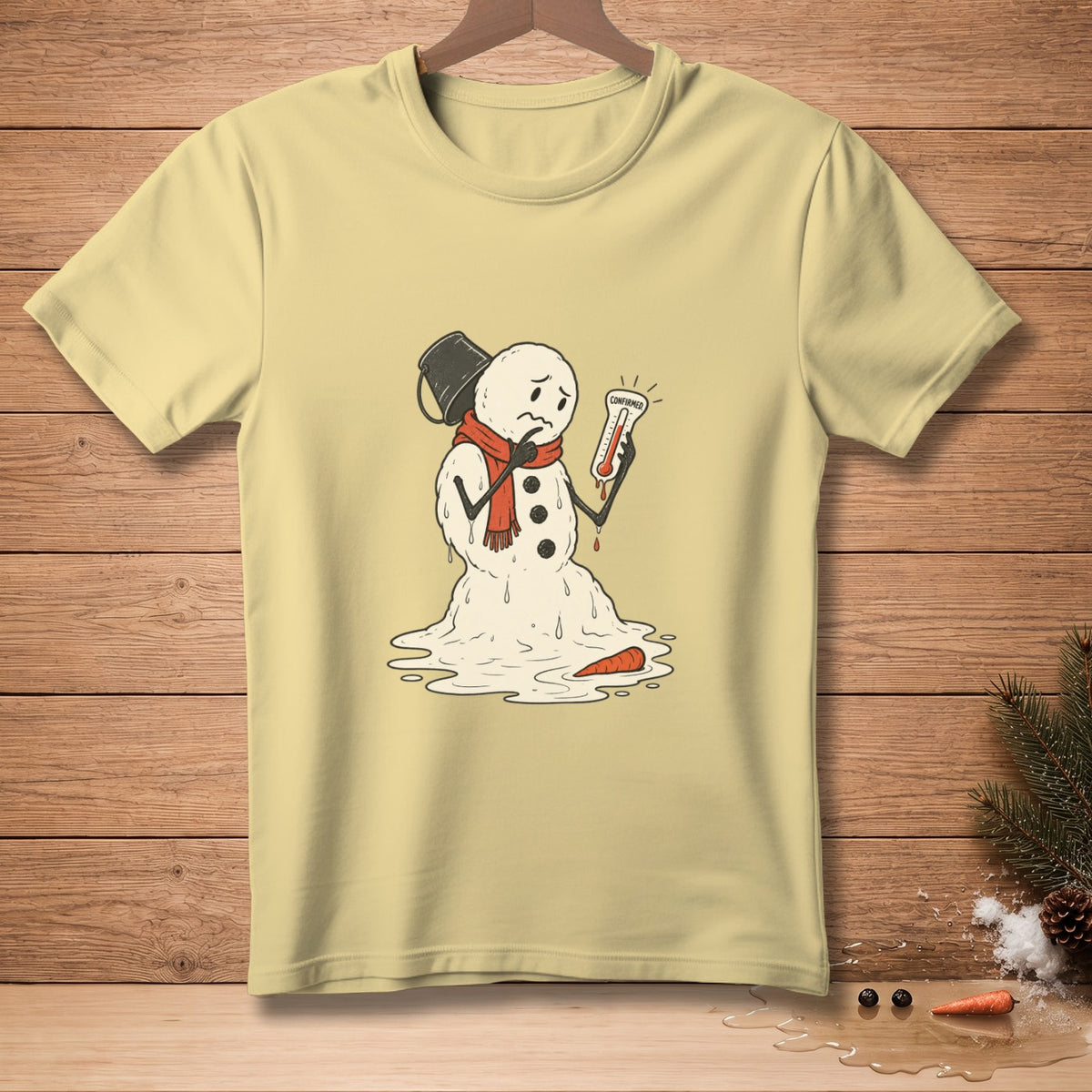 Melting snowman with thermometer showing "Confirmed" on a light yellow t-shirt.