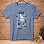 Snowman in a wind tunnel with a sign that says "I'm Flying".