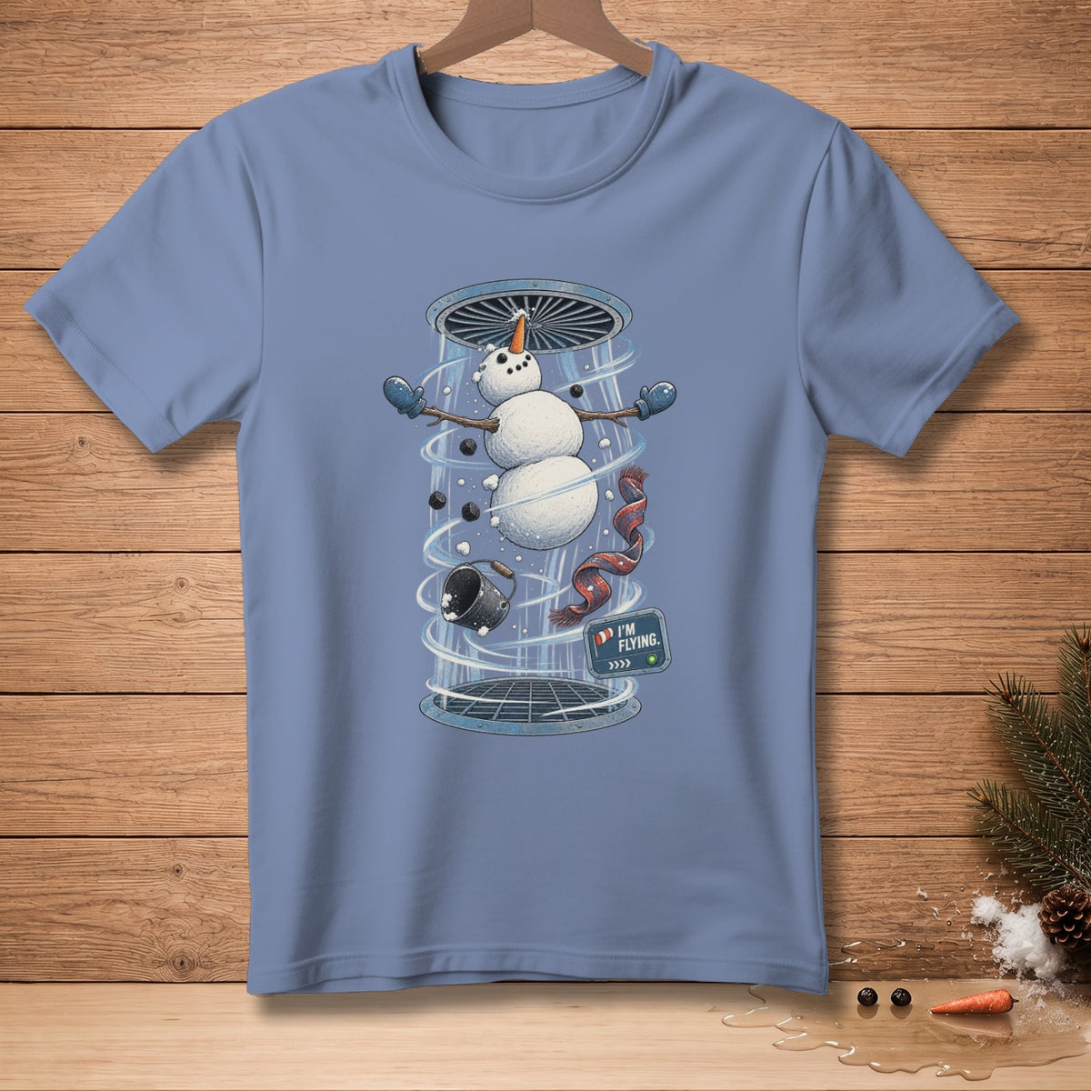 Snowman in a wind tunnel with a sign that says "I'm Flying".