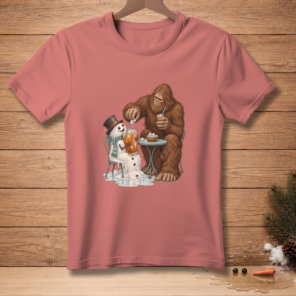 Bigfoot pours ice into a snowman's drink next to a small table.