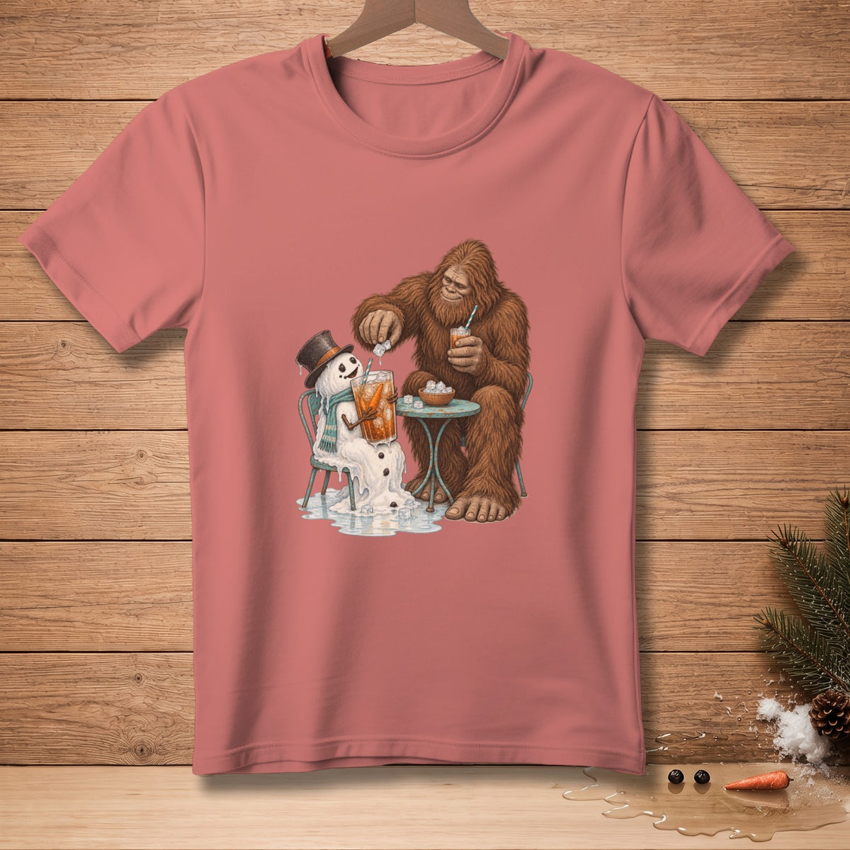 Bigfoot pours ice into a snowman's drink next to a small table.