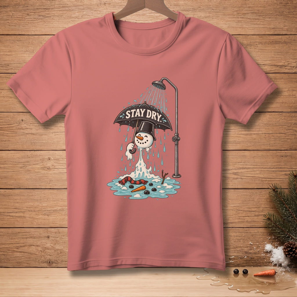 Pink t-shirt with cartoon snowman melting under a shower, holding an umbrella that says "STAY DRY".