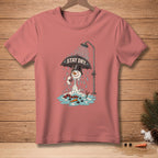 Pink t-shirt with cartoon snowman melting under a shower, holding an umbrella that says "STAY DRY".