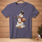 Melting snowman in top hat and scarf eating soup with a spoon labeled "Refills?".