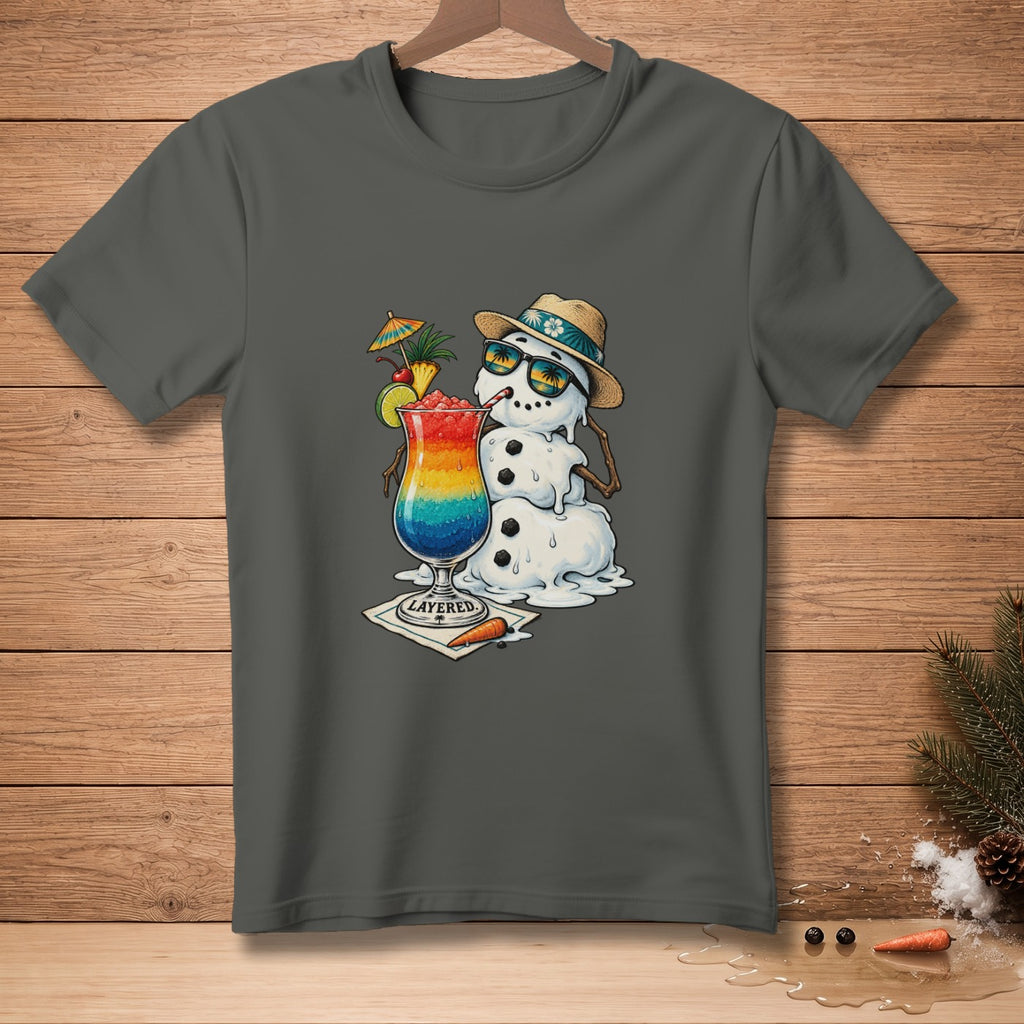 Melting snowman wearing sunglasses and hat with a rainbow layered drink.