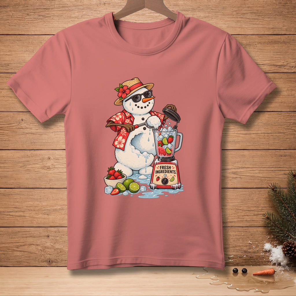 Snowman wearing sunglasses and Hawaiian shirt makes a smoothie with blender and fresh ingredients.